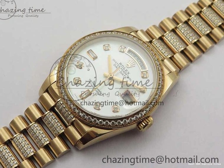 AAA Replica Watches on President A 2689 BP White ComfortFit Crystal Crystal Marker MOP RG Best Edition 128235 Dial Day-Date Bracelet RG 36mm 1218